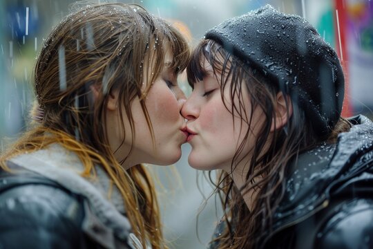 Zwei Frauen k&uuml;ssen sich im Regen 