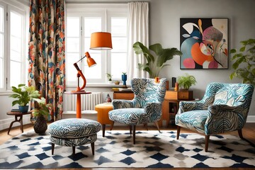 A vibrant and eclectic living room design with a bold-patterned armchair, a quirky table, and a unique floor lamp, showcasing personality and creativity.