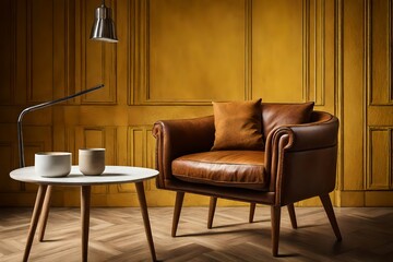 A close-up shot of a luxurious brown leather chair with a beige pot on a yellow and white wooden...