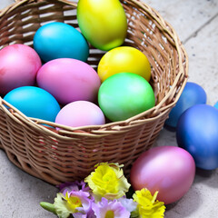 Fototapeta na wymiar Easter background with colorful eggs. Background in honor of Easter.Background with painted eggs,bright and cartoonish.Bright stylish background,template in honor of Easter