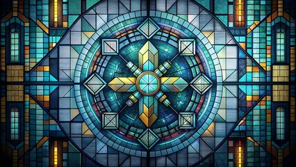 A classic stained-glass window design reimagined with binary code patterns and geometric shapes, symbolizing the intersection of technology and spirituality.