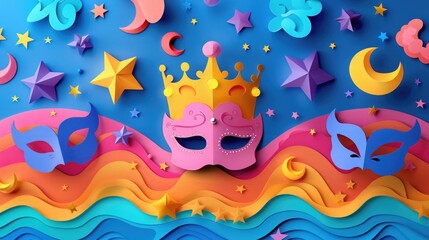 Fototapeta na wymiar Bright and colorful paper cut style design featuring Purim symbols like crowns, masks, and stars