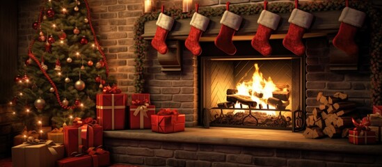 A festive Christmas scene featuring a glowing fireplace adorned with red stockings, surrounded by assorted gifts and decorations.