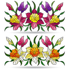 A set of stained glass illustrations with floral arrangements of daffodils and butterflies, isolated on a white background