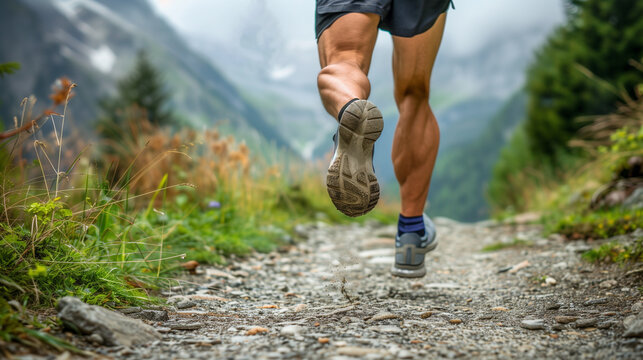 Close-up of legs of male professional athlete running on forest, mountain path. Preparation for competitions. Cardio training.