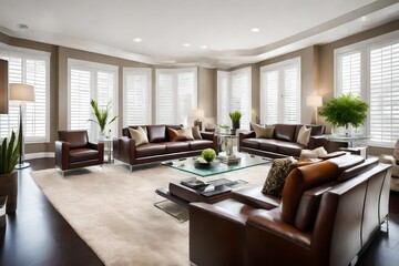 Serene ambiance captured in a bright living room, where leather couches and a polished glass top coffee table create an oasis of comfort and sophistication.