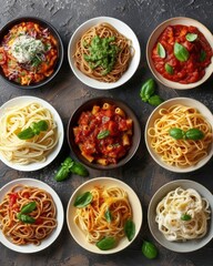 Various cooked pasta with different sauces on a dark background. Appetizing pasta laid out in round plates and decorated with fresh basil leaves. Copy space. Mockup.