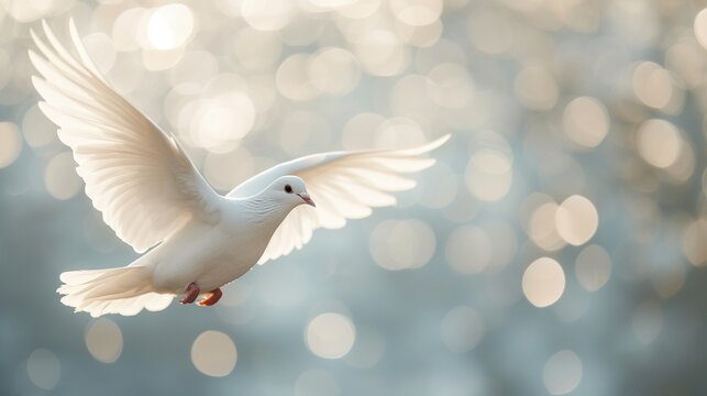 Eine fliegende wei&szlig;e Taube, Bokeh Hintergrund 