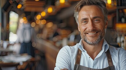 happy businessman restaurant owner proudly looking at crowded restaurant  