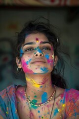 Beautiful Woman, colored face  at holi festival in india, bharat, Festival of colors