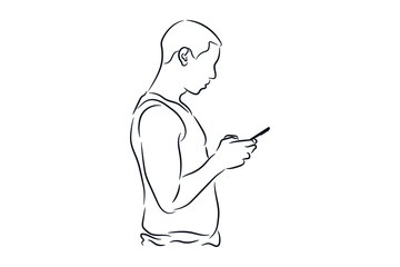 Man holding cell phone in his hands line drawing vector sketch illustration