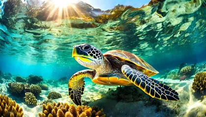 Schilderijen op glas underwater background with sea turtle and coral reefs © Appu
