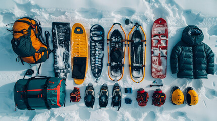 Snowy backdrop with neatly organized outdoor winter gear and supplies for expedition or recreation