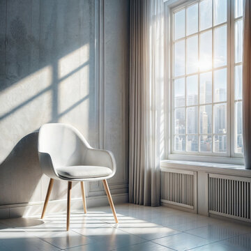 a white chair sitting in a room next to a window, a stock photo , featured on shutterstock, minimalism, stock photo, minimalist, stockphoto