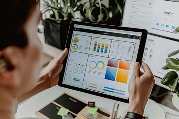 A graphic designer reviewing color palettes on a digital tablet for a branding project