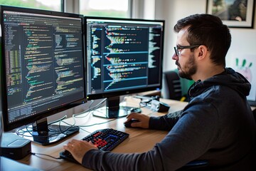 A professional cybersecurity expert analyzing code on multiple monitors