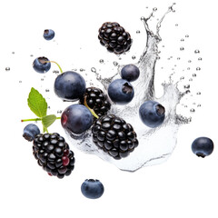 falling blueberries and blackberries isolated on a white background