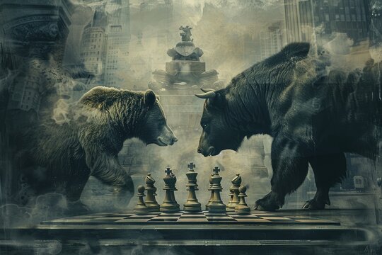 A conceptual image of a bear and bull chess game symbolizing stock market movements