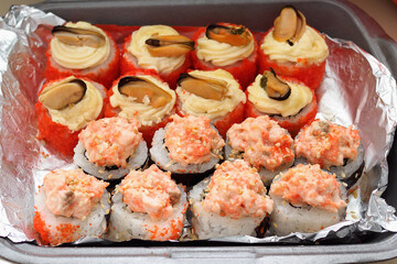 Large set of Japanese sushi.