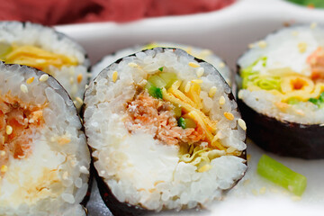 Sushi, rolls of Japanese cuisine. Close-up, selective focus.