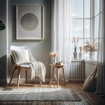 a white chair sitting in a room next to a window, a stock photo , featured on shutterstock, minimalism, stock photo, minimalist, stockphoto