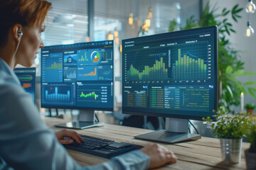 A diverse group of professionals analyzing statistical data on computer screens in a modern office