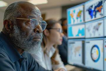 A diverse group of professionals analyzing statistical data on computer screens in a modern office