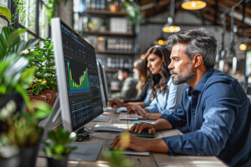 A diverse group of professionals analyzing statistical data on computer screens in a modern office