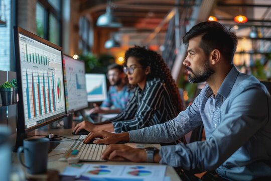 A diverse group of professionals analyzing statistical data on computer screens in a modern office