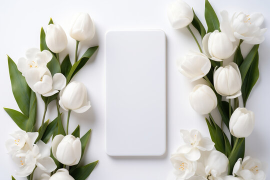 Smartphone mockup with white tulips. Smartphone screen mockup on white background for presentation or app design. Generative AI