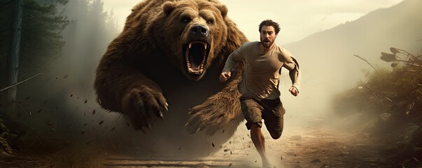 Man running from a bear in a forest - obrazy, fototapety, plakaty