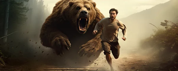 Raamstickers Man running from a bear in a forest © amazingfotommm