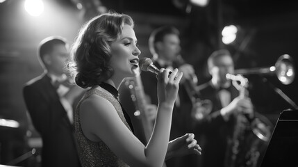 In a black and white image, a woman sings into a microphone in front of a jazz band during a live performance.