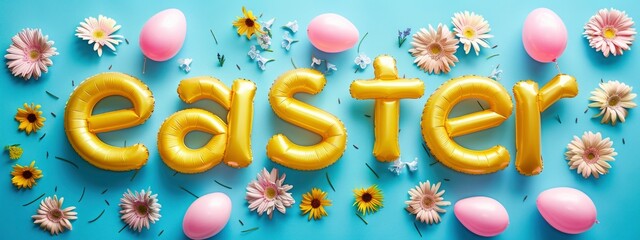 yellow inflated, plump ,  three-dimensional text Easter with spring flowers and eggs on blue background . Greeting card, seasonal holiday. - obrazy, fototapety, plakaty