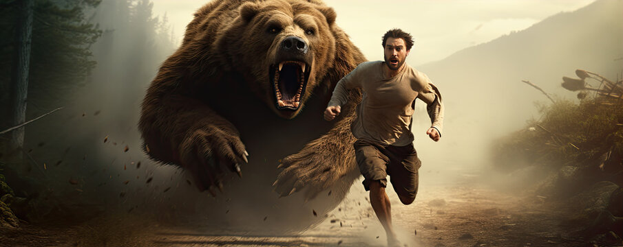 Man running from a bear in a forest