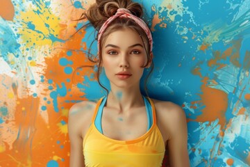 Energetic young sportswoman smiles in sportswear against the background of a bright wall with artistic graffiti