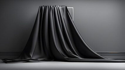 Fashionista 3D Black Fabric Luxury Drapery Setting the Stage for Stylish Textile and Fashion Events - obrazy, fototapety, plakaty