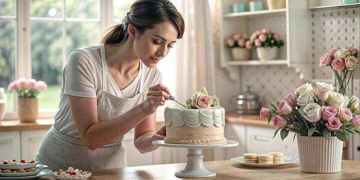 woman decorating a cake
