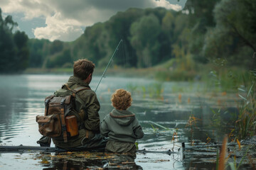 Father and son fishing together by the lake happily on holiday. AI Generated - obrazy, fototapety, plakaty