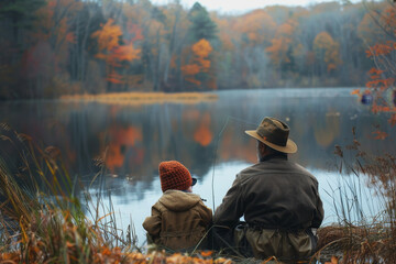 Father and son fishing together by the lake happily on holiday. AI Generated - obrazy, fototapety, plakaty