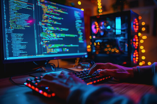 Programmer's hands on keyboard writing source code, screen showing code. AI Generated