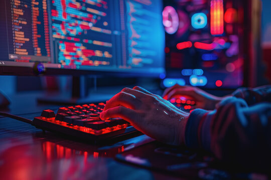 Programmer's hands on keyboard writing source code, screen showing code. AI Generated