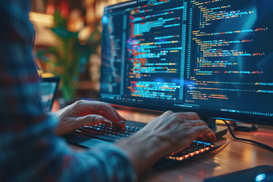 Programmer's hands on keyboard writing source code, screen showing code. AI Generated