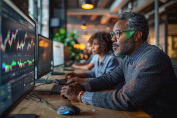 A diverse group of professionals analyzing statistical data on computer screens in a modern office