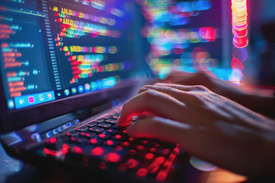 Programmer's hands on keyboard writing source code, screen showing code. AI Generated