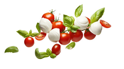 levitation of cherry tomatoes, basil leaves and mozzarella isolated on a white background