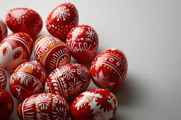 Red Easter eggs with a beautiful painted pattern lie on the table. Easter background. Generative AI
