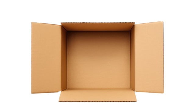 one empty open cardboard box isolated on transparent white background