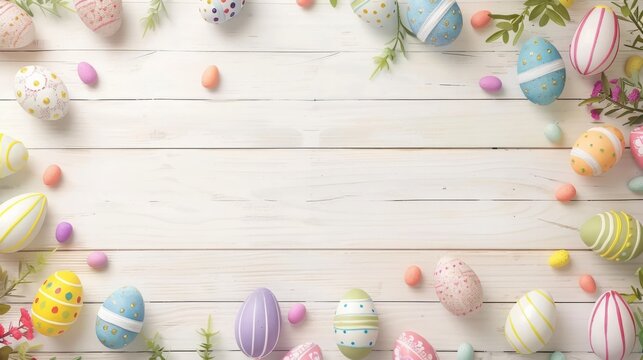 Easter Eggs, Flat Lay, Top view of Easter Eggs on Wooden Background