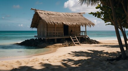 Fototapeta premium a nipa hut at the beach on a remote island from Generative AI